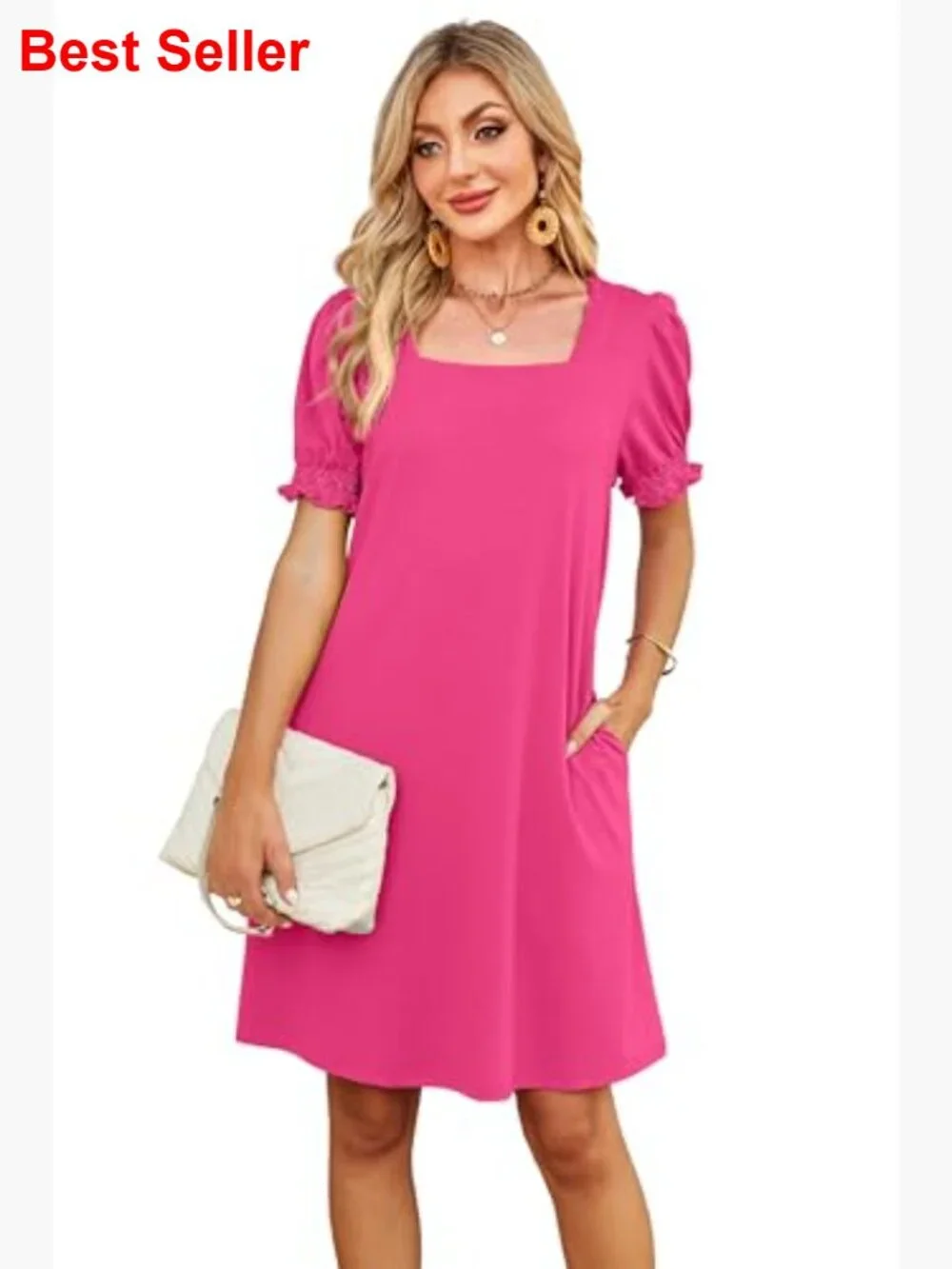 Square Neck Puff Sleeve Midi Dress with Pockets - Picture 4 of 7